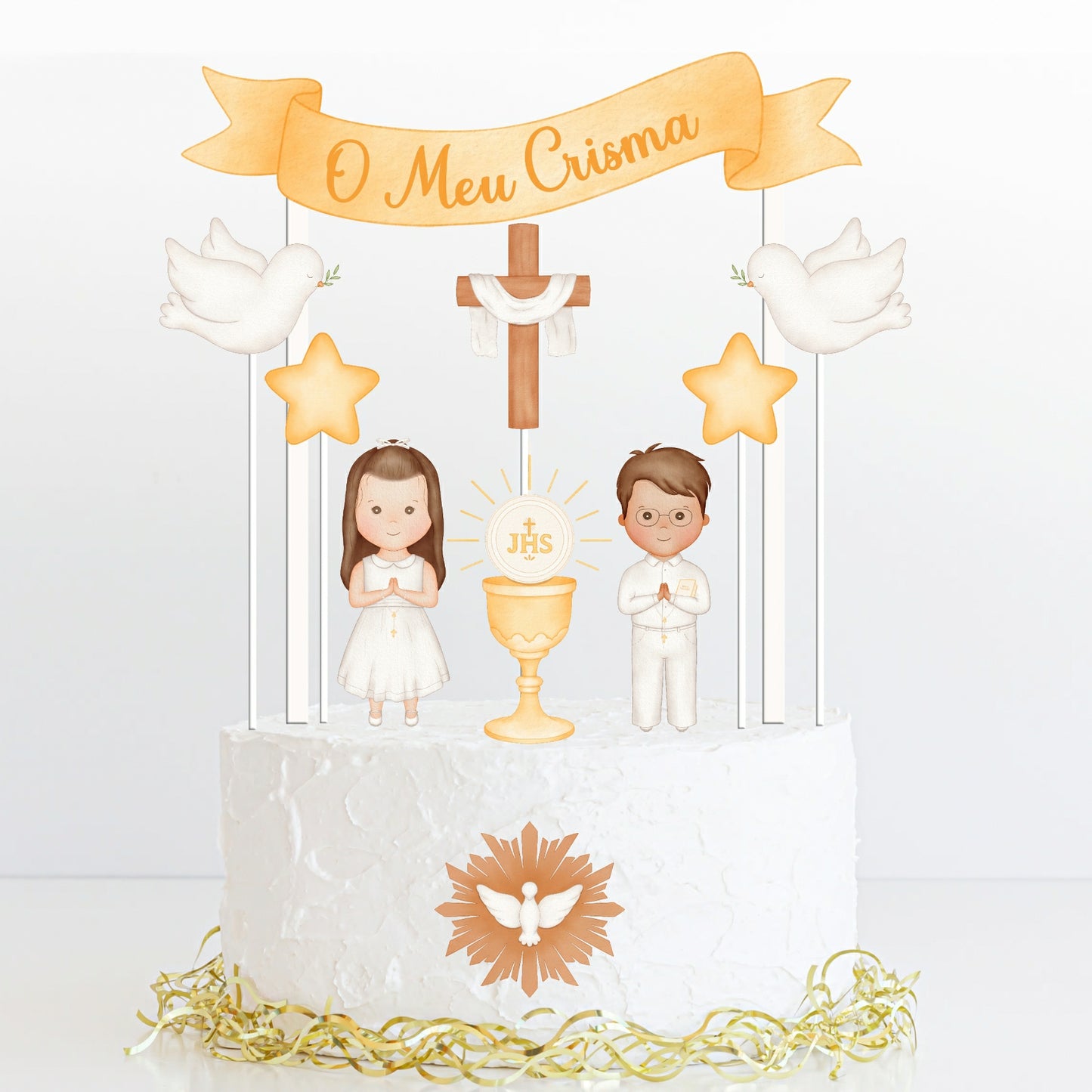 Kit Topo de bolo Crisma dourado Cake topper Adorno de tarta