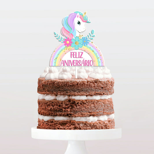 Topo de bolo Unicornio Feliz Aniversário cake topper adorno de tarta