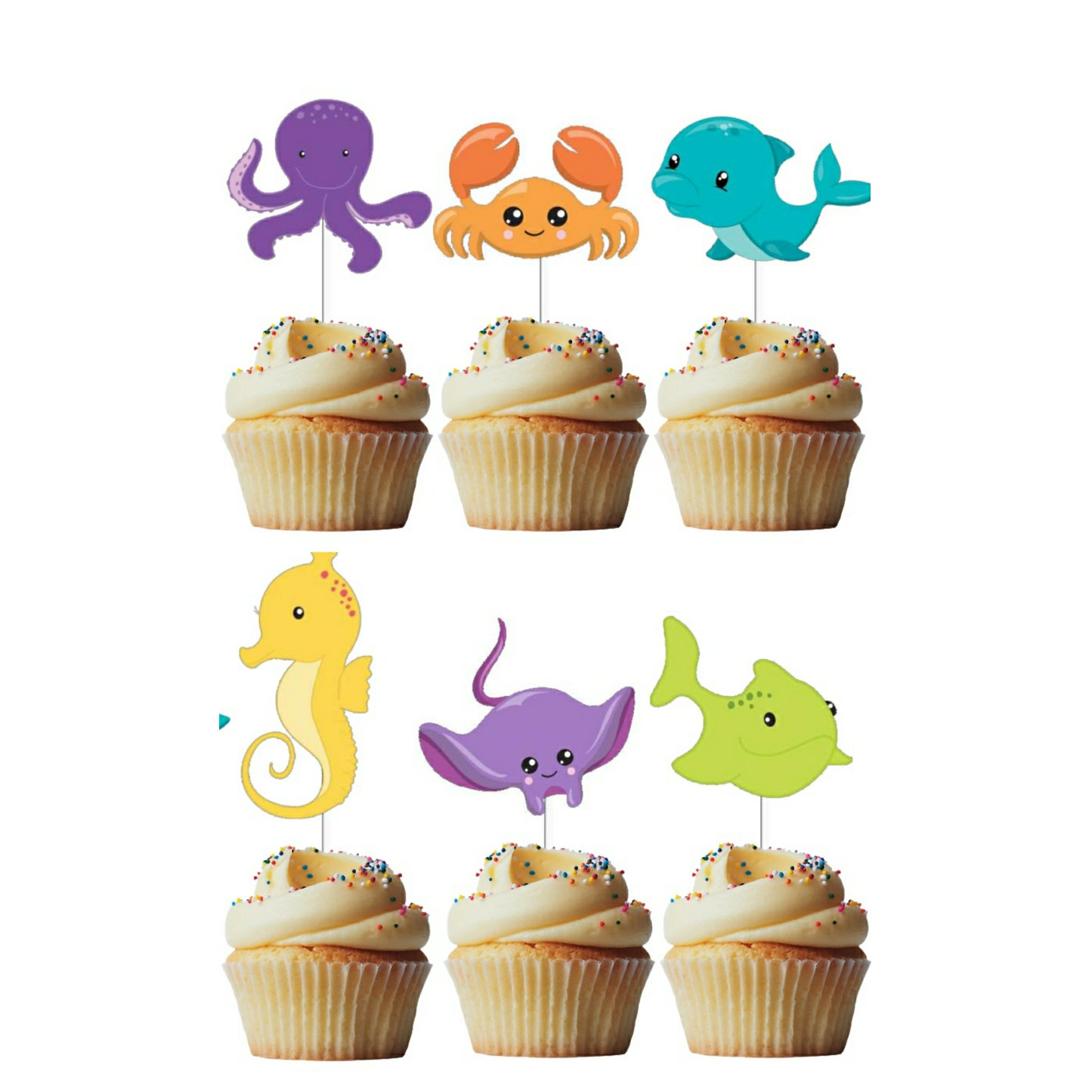 6 Cupcake Toppers Fundo do Mar