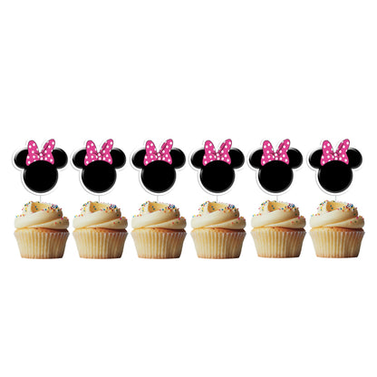 6 Cupcake Toppers Minnie Cabeça Rosa