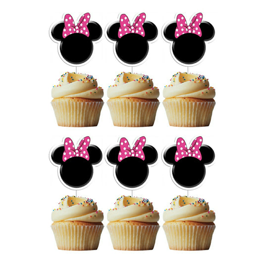 6 Cupcake Toppers Minnie Cabeça Rosa