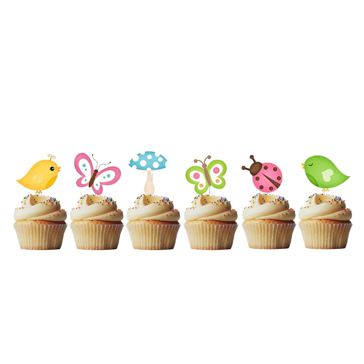 6 Cupcake Toppers Passarinhos e Borboletas