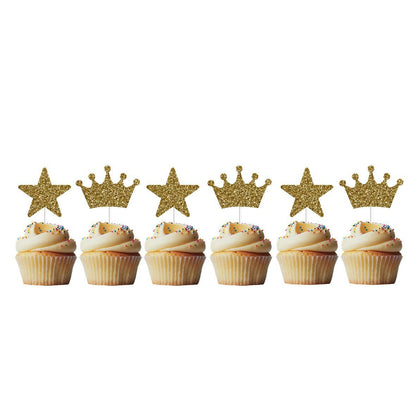 6 Cupcake Toppers Coroas e Estrelas Dourado