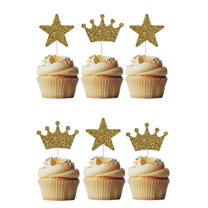 6 Cupcake Toppers Coroas e Estrelas Dourado