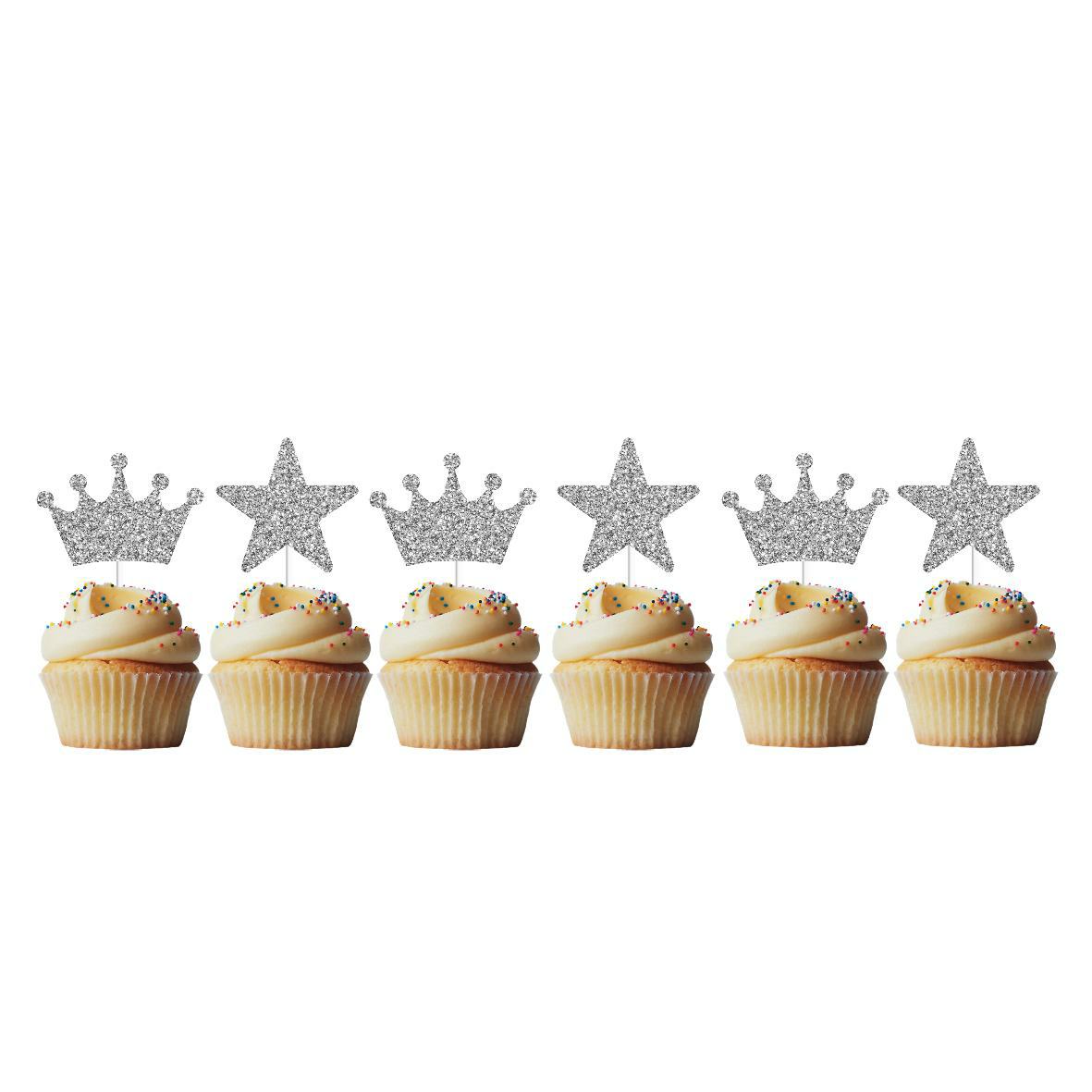 6 Cupcake Toppers Coroas e Estrelas Prata