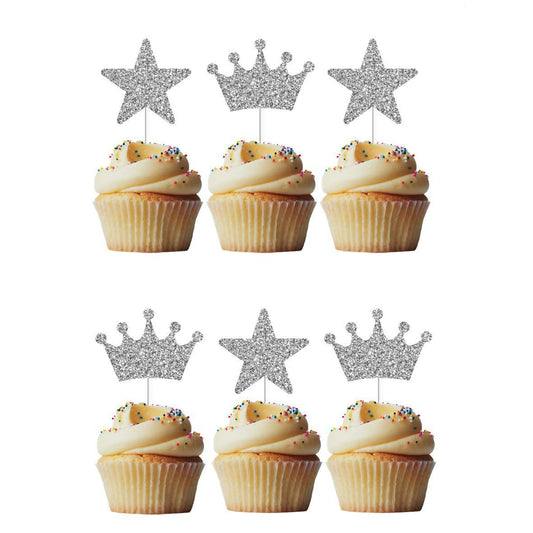 6 Cupcake Toppers Coroas e Estrelas Prata