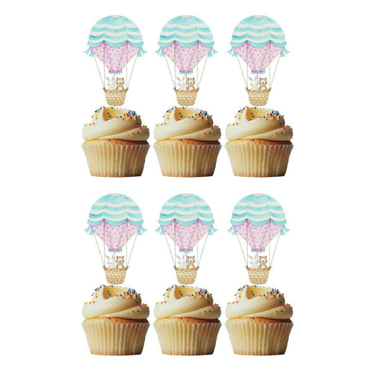 6 Cupcake Toppers Balão Ar Quente Rosa e Azul