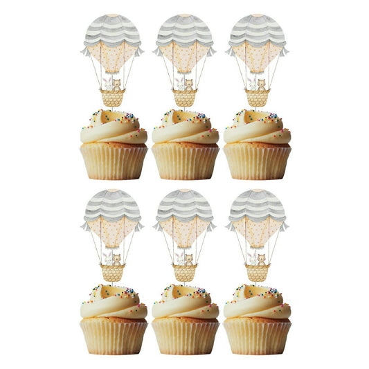 6 Cupcake Toppers Balão Ar Quente Cinza