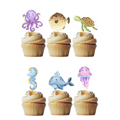 6 Cupcake Toppers Fundo do Mar Aquarela