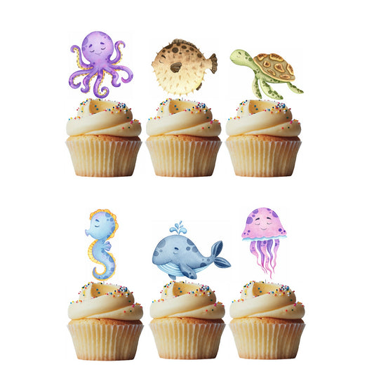 6 Cupcake Toppers Fundo do Mar Aquarela