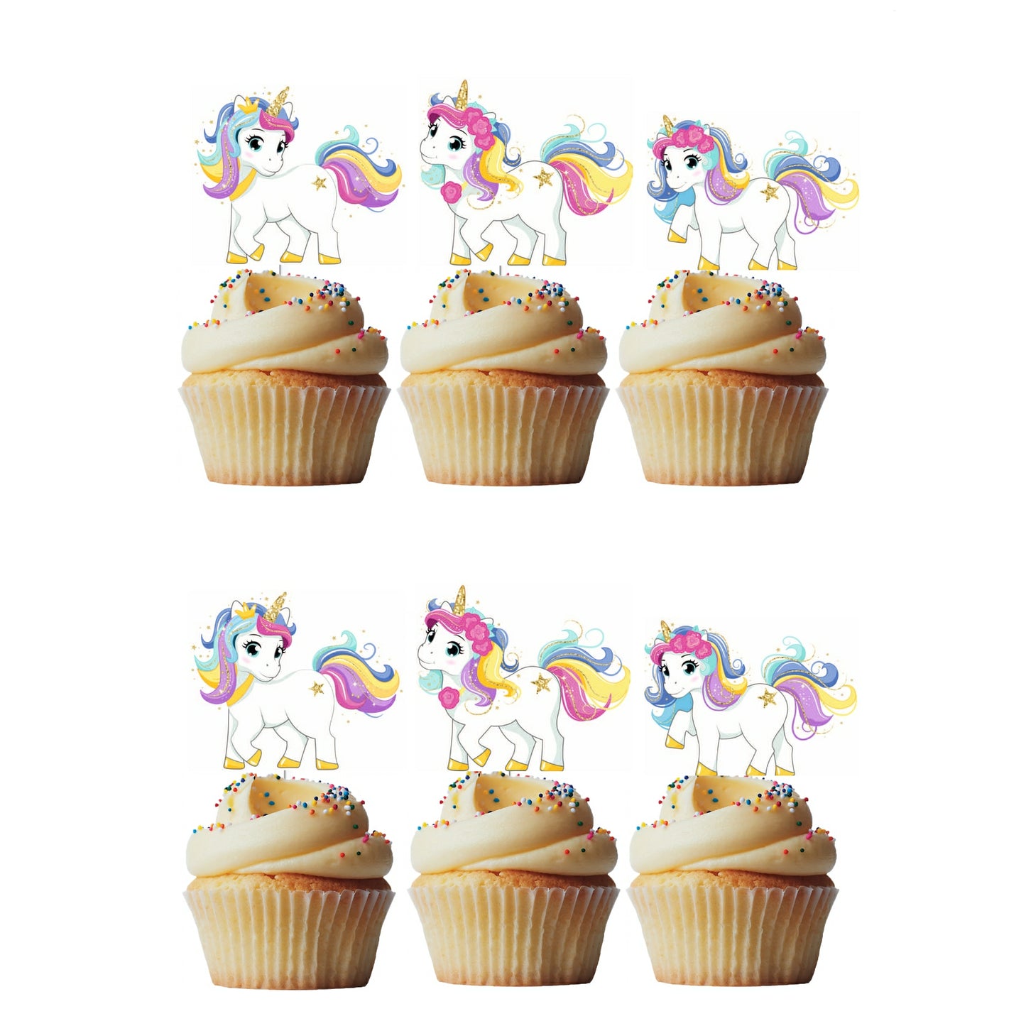 6 Cupcake Toppers Unicórnio Glitter