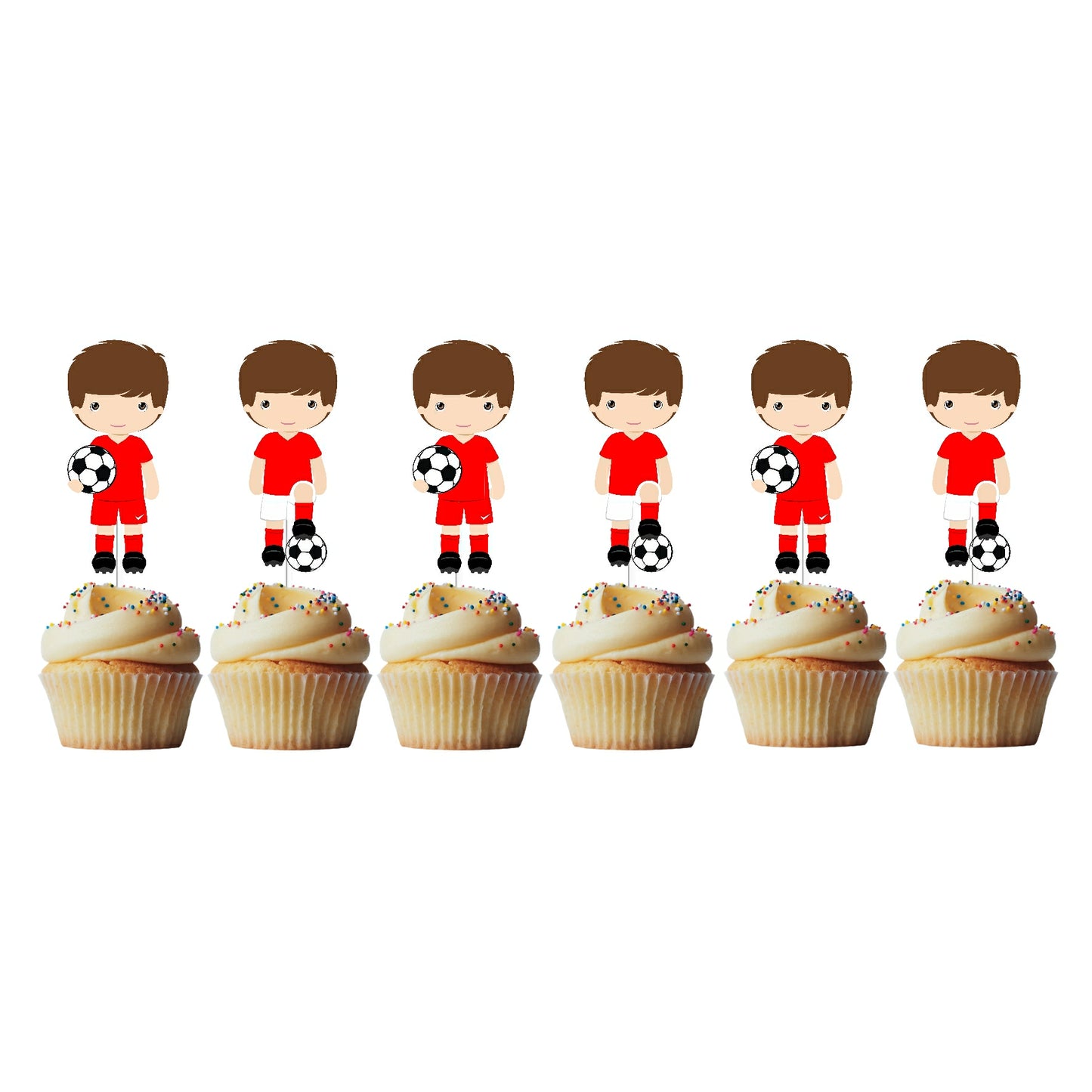 6 Cupcake Toppers Jogadores Futebol Vermelho