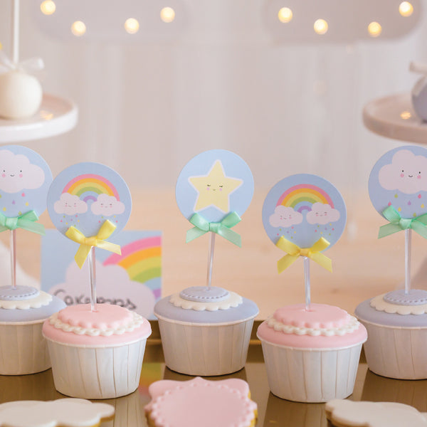 12 Cupcake Toppers Nuvens e Arco Iris