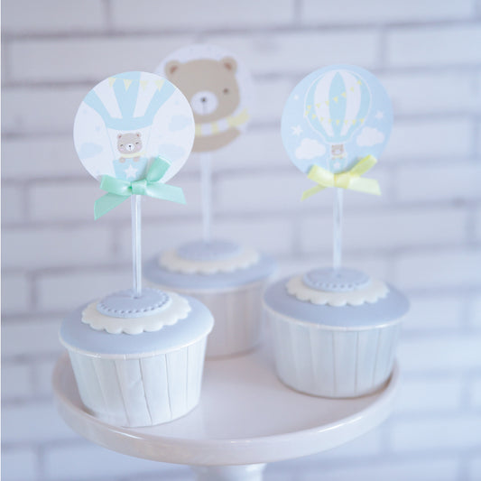 12 Cupcake Toppers Ursinho no Balão de Ar Quente