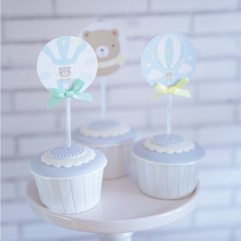 12 Cupcake Toppers Ursinho no Balão de Ar Quente